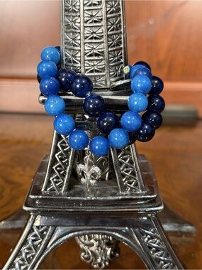 Blue Beaded Stretch Bracelet Trio with Fleur-de-Lis Charm